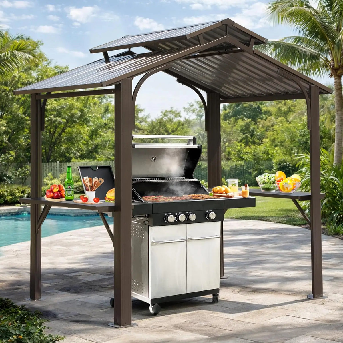 8x5FT Hardtop Grill Gazebo,  Metal Grill Canopy with Galvanized Steel Double Roof for Patio Lawn Patio Backyard Deck, Brown