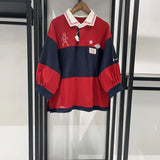 navy red striped Embroidered T-shirt women turn down collar half sleeve casual autumn Tshirt female new