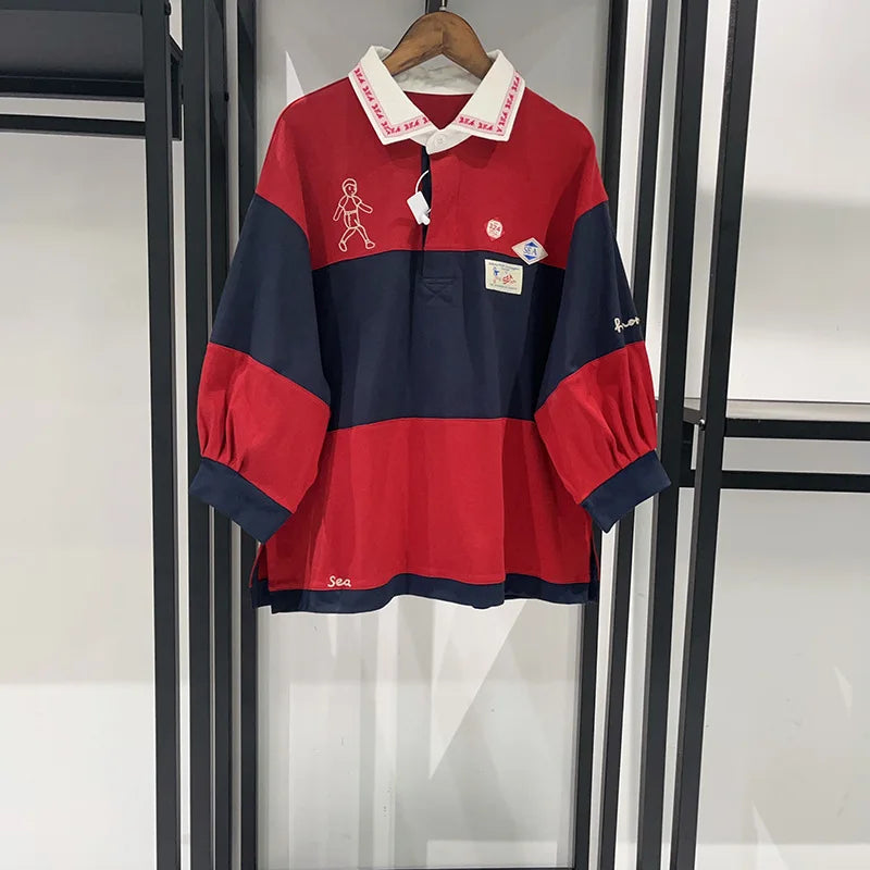 navy red striped Embroidered T-shirt women turn down collar half sleeve casual autumn Tshirt female new