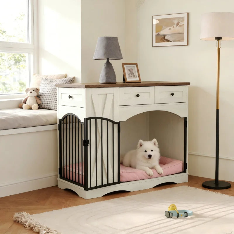&c Stylish Barn Door Dog Crate Furniture With Feeding Station Stable Base for Living Room Medium Large Dogs Home Decor