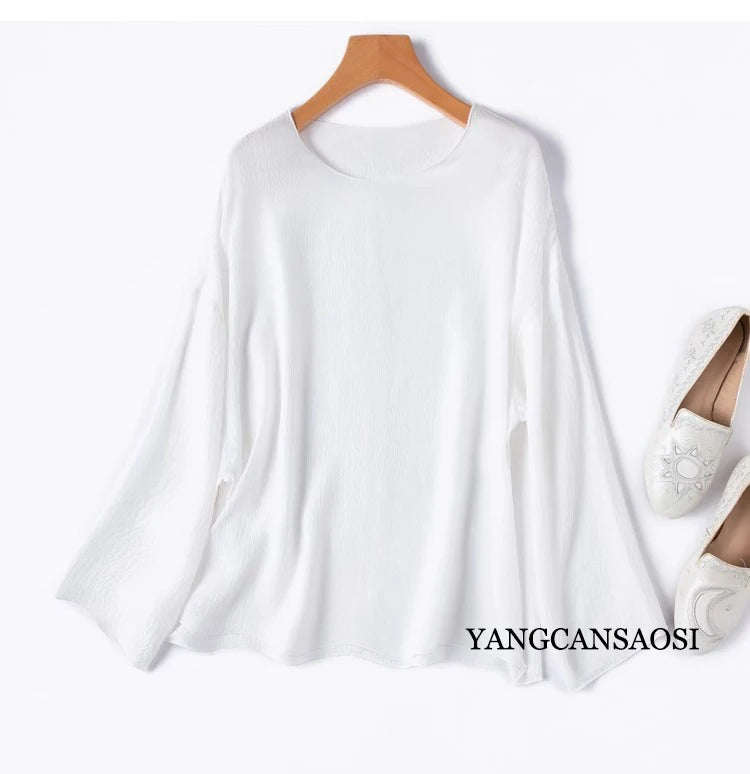 2025 Women's Leisure Summer New 100% Natural Mulberry Silk Bubble Crepe Long Sleeve Air Feel Loose Round Neck Solid T-shirt