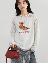CHIC VEN Women T-Shirts Loose Casual Long Sleeve Animal Dog Printed Female Tees Contrasting Stitching Top Spring Summer 2025