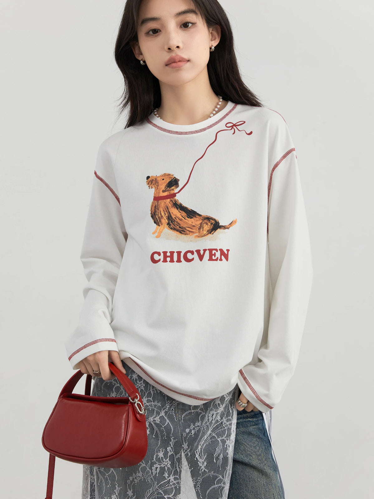 CHIC VEN Women T-Shirts Loose Casual Long Sleeve Animal Dog Printed Female Tees Contrasting Stitching Top Spring Summer 2025