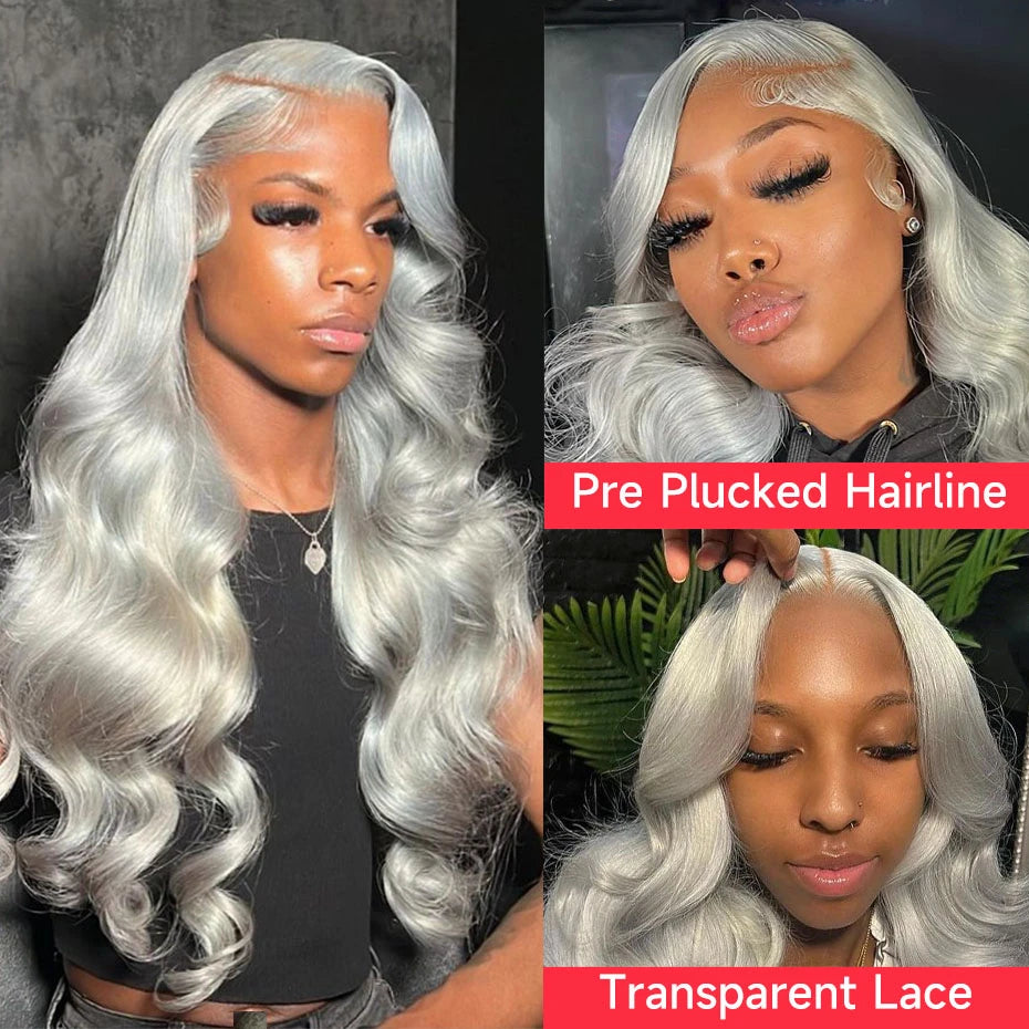 13x6 Silver Grey Colored Lace Front Wigs For Women Gray Long Body Wave Remy Transparent Lace Frontal Human Hair Wig Pre Plucked