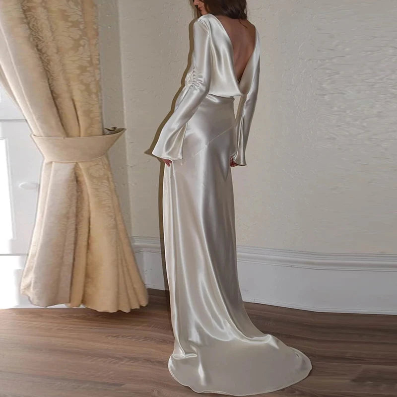 White Satin Long Sleeved Slim Evening Dress Sexy Hollow Out Backless Mermaid Robe Dress New Autumn Women O Neck Fashion Dresses