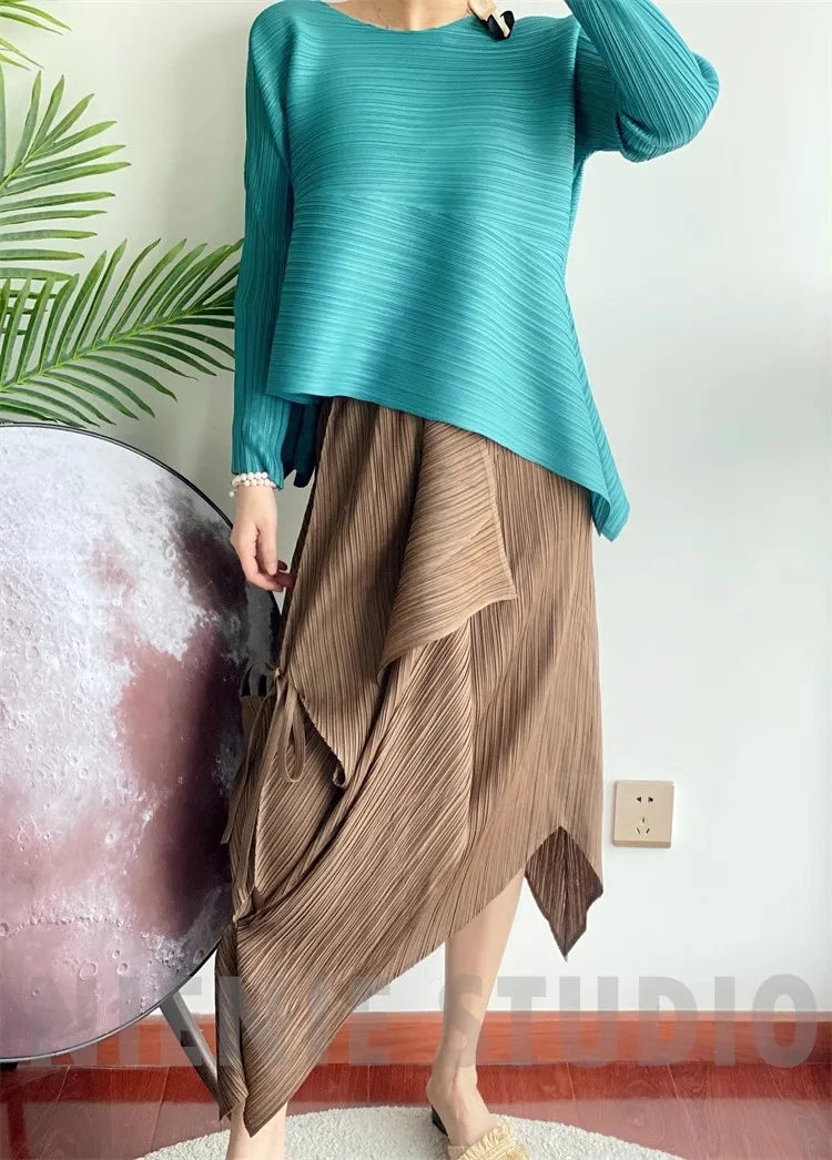 Miyake Pleated Round Neck Irregular Top Women Loose Casual T-shirt