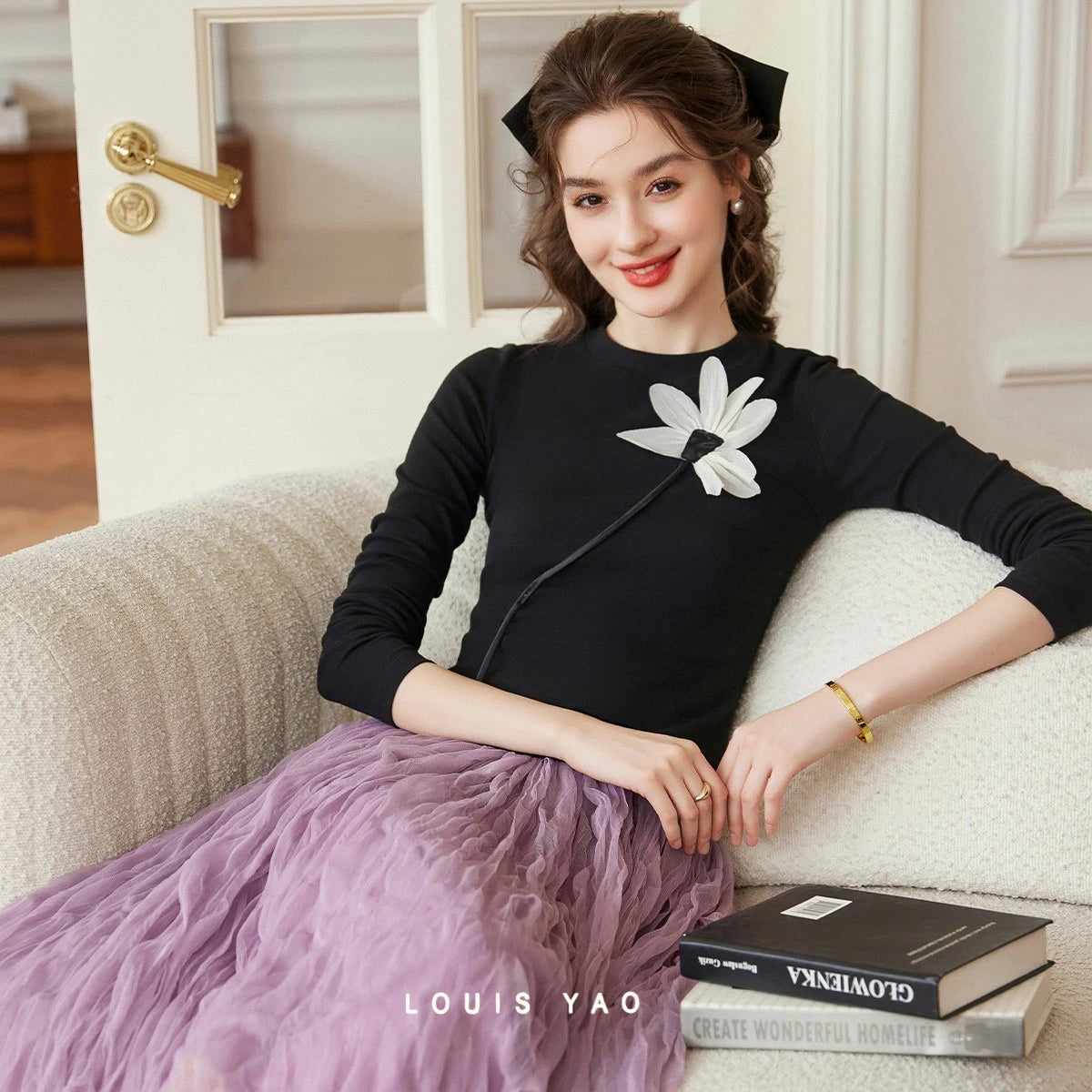 LOUIS YAO 3D Floral Embellished Women's T-Shirt 2026 Spring Micro Elastic Regular Shoulder Tee Slim-Fit Long-Sleeve T-Shirt