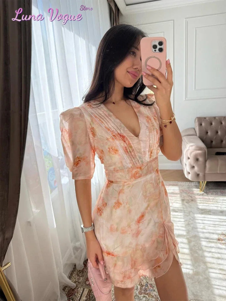Women Floral Printed V-neck Mini Dress Fashion Half Sleeve High Waist Ruffle Slim Dresses 2026 Summer Elegant Lady Vacation Wear