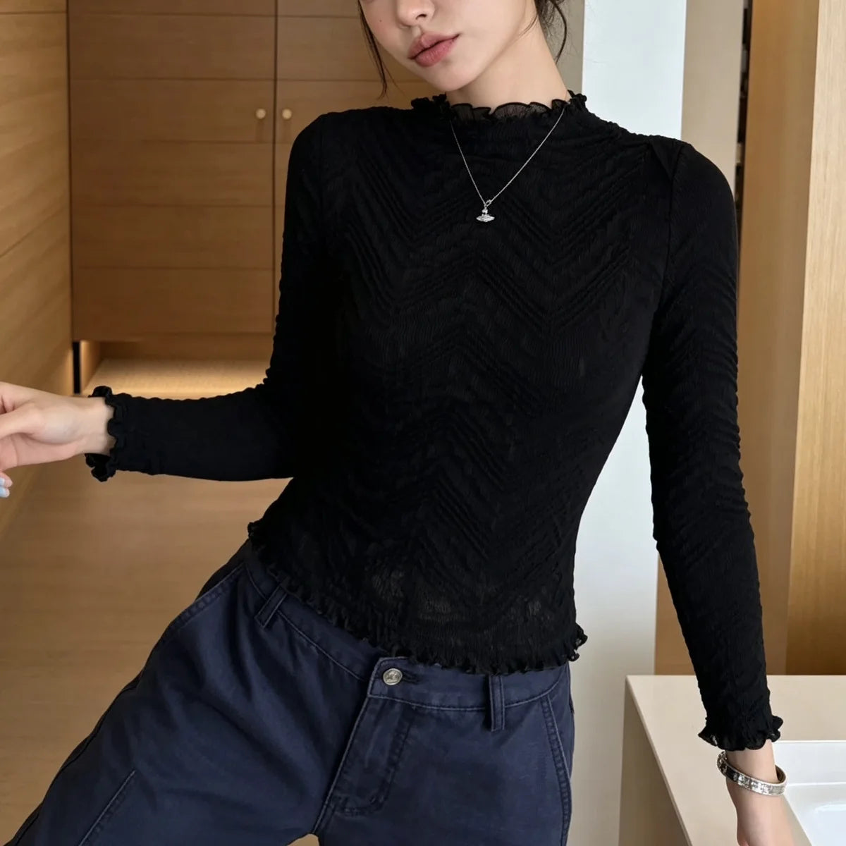 Miyake Pleated T-Shirt Plisse 2026 Slim Fit Long Sleeve Base Fold Shirt Women Autumn Elegant Versatile Inner Layer Pleats Top