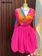 CM.YAYA Women Hot Pink Tie Dye Mesh Long Sleeve Wrap V Neck High Waist Pleated Irregular Hem Mini Party Dress 2026 Summer Dress