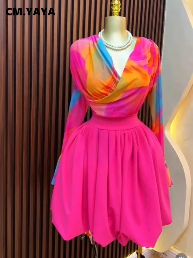 CM.YAYA Women Hot Pink Tie Dye Mesh Long Sleeve Wrap V Neck High Waist Pleated Irregular Hem Mini Party Dress 2026 Summer Dress