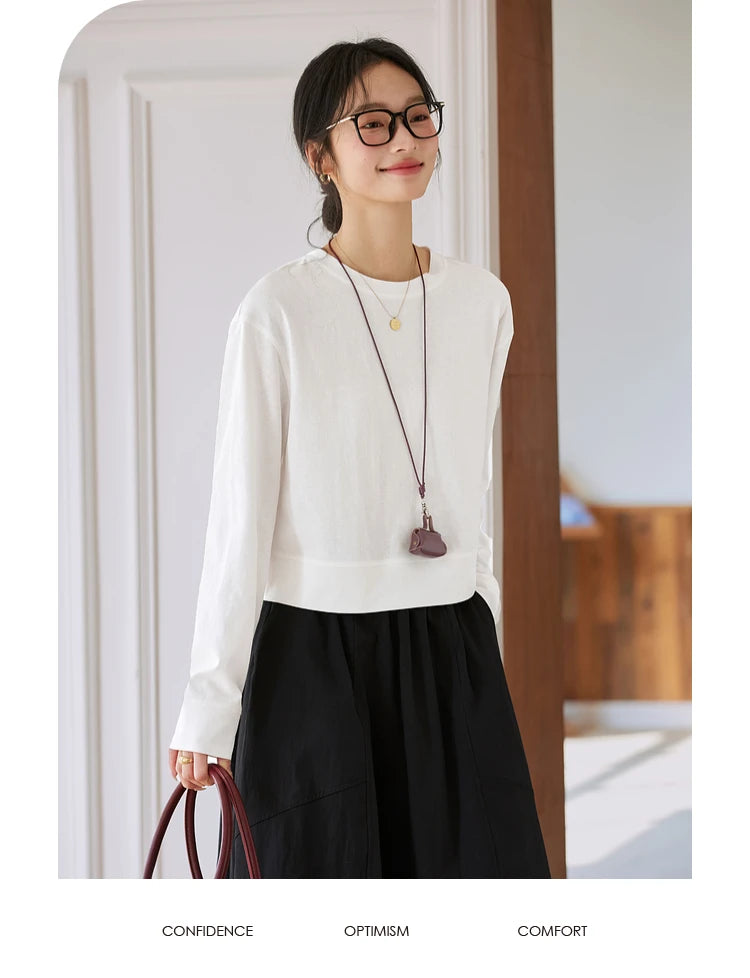 VIMLY Women's Cotton White Tees 2026 Spring Round Neck Pullover Long Sleeve T-shirt Casual Loose Tops for Woman Clothes A0712