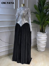 CM.YAYA Women V-neck Long Sleeve Big Swing Striped Print Long Dress 2026 Sexy Parties Evening Vacation Long Dresses Vestidos