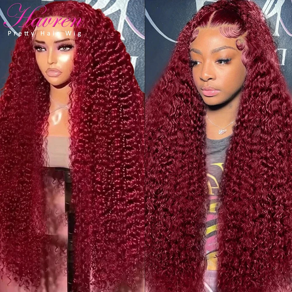 99J Burgundy Lace Front Wigs Human Hair 13x6 Deep Wave HD Lace Frontal Wigs Pre Plucked Human Hair Curly Wigs for Women 36 Inch