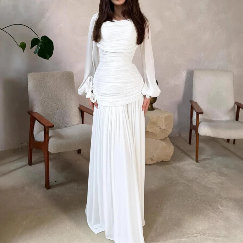 Women's Fashion Draped Design Solid Long Dress 2026 Casual Commute Waist Party Dresses Elegant O-neck Long Sleeve Evening Dress