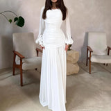 Women's Fashion Draped Design Solid Long Dress 2026 Casual Commute Waist Party Dresses Elegant O-neck Long Sleeve Evening Dress