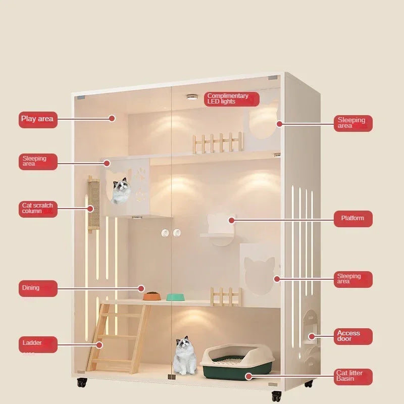 Premium Cream Style Pet Shop Cat Cage Density Board Cat House Double Layer Large Space Glass Door Light