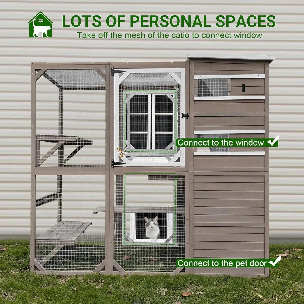 Outdoor catio enclosure, weatherproof, attaches to window, for multiple cats, easy assembly