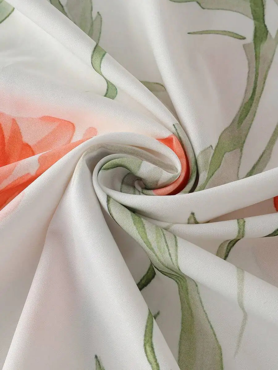 Women's Spring/Summer Floral Print Flower Ruffle Hem A-Line Dress, Elegant Sexy Golf White