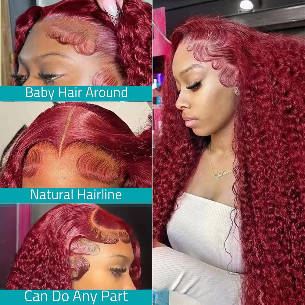 Deep Wave 99J Burgundy 13x4 Lace Frontal Wig Human Hair 13x6 HD Lace Front Wigs Red Wine Water Curly Wigs With Baby Hair