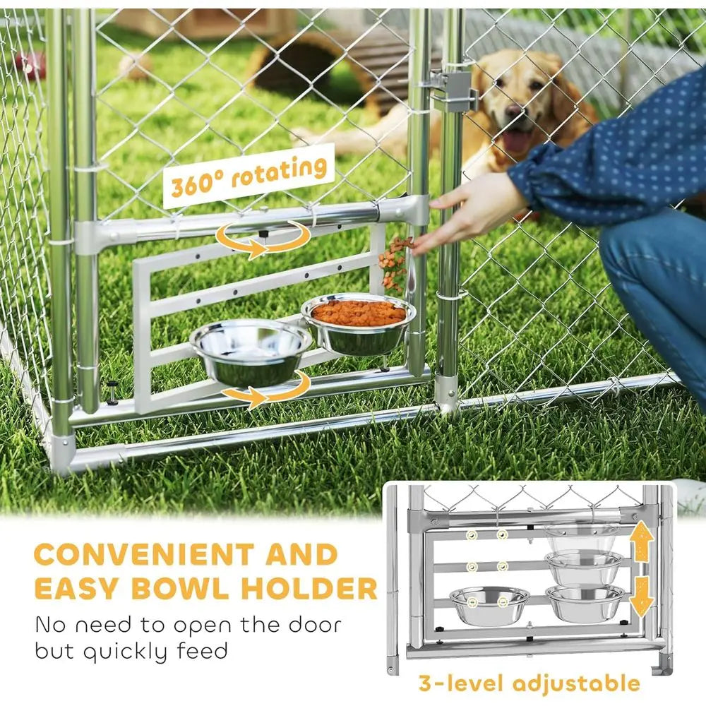 Large Outdoor Dog Kennel 20x7.5x7.5 ft, Heavy Duty, Waterproof, Adjustable Bowl Rack, Secure Lock, Galvanized Steel Enclosure fo