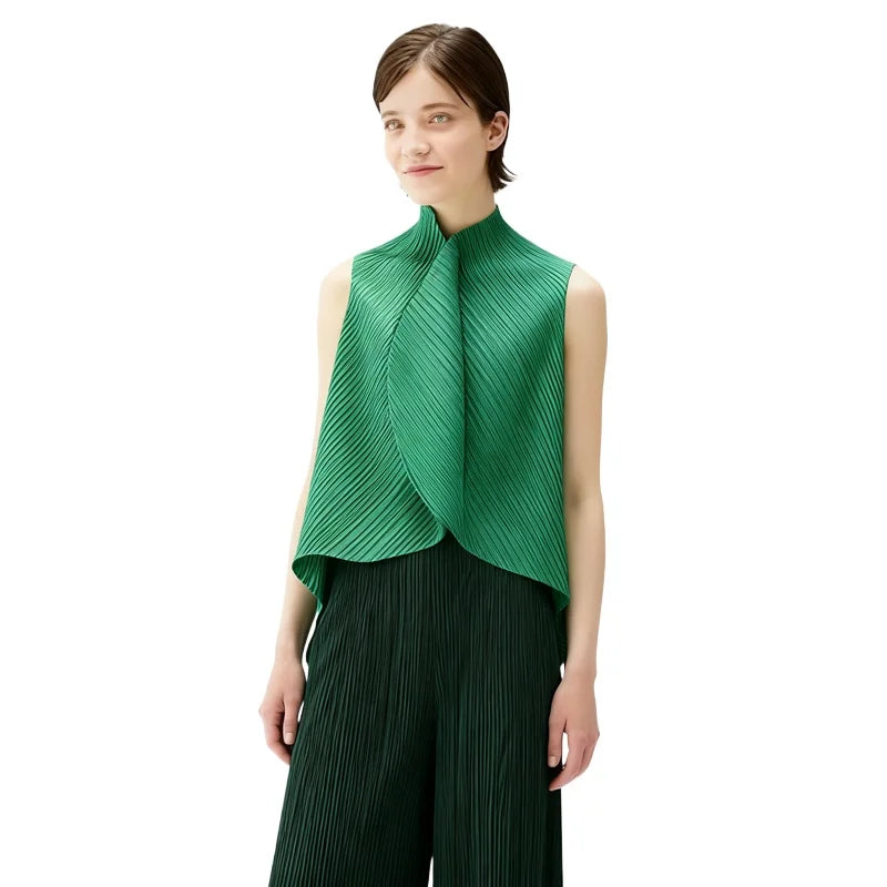 Miyake Pleated High-neck Sleeveless Women Leaf Fold Top