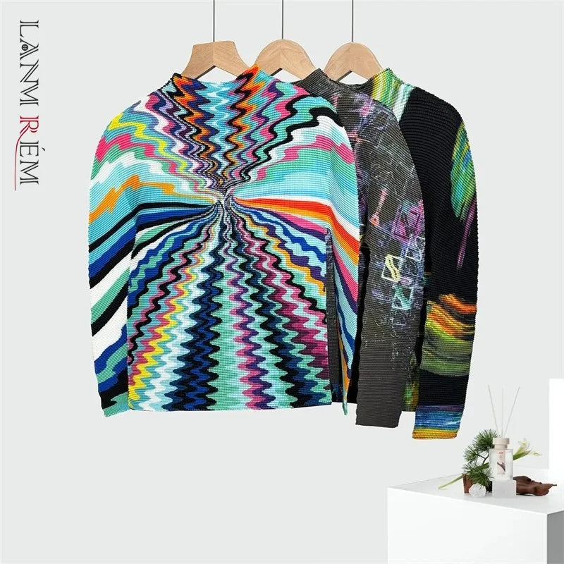 LANMREM Print High Elastic Slimming Women's T-shirt Niche Corn Pleat Round Collar Long Sleeve Pullover Tops 2DB6016