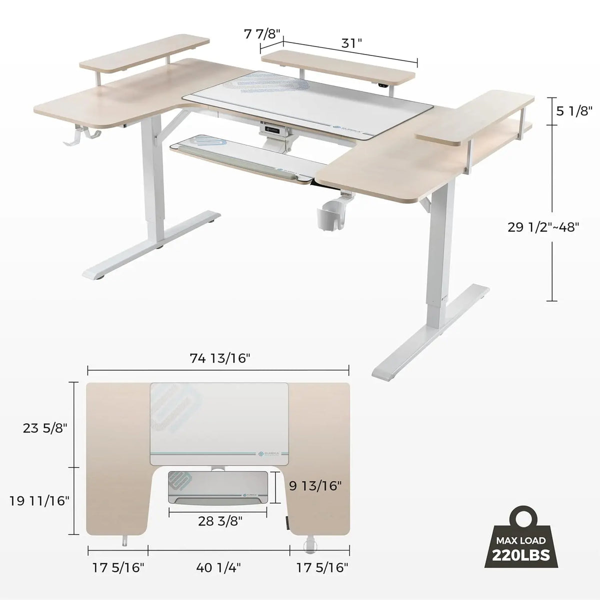 74" U Shaped Electric Height Adjustable Gaming Desk w Keyboard Tray LED Shelves Recording Live Studio Maple,Custom