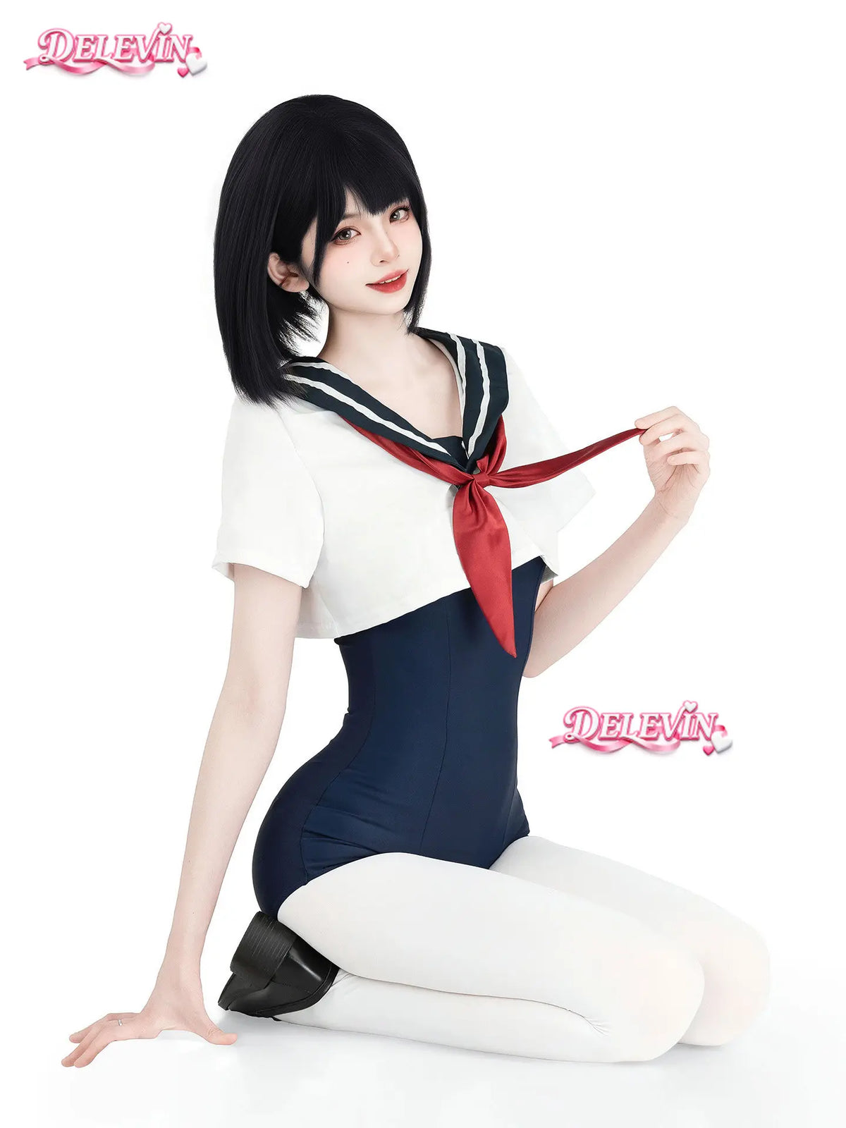 Summer Vacation Beach Swimming Outfit Cute Sweet Sailor Collar Short Sleeve Crop Top Bow Tie One-piece Bikini Swimsuit Set Women