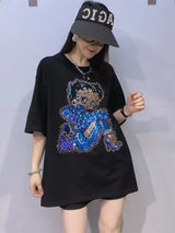 Casual Versatile Short Sleeve T-Shirt Women's Heavy Rhinestone Black Loose Fit Summer Top Breathable Cotton round Neck Sweats...