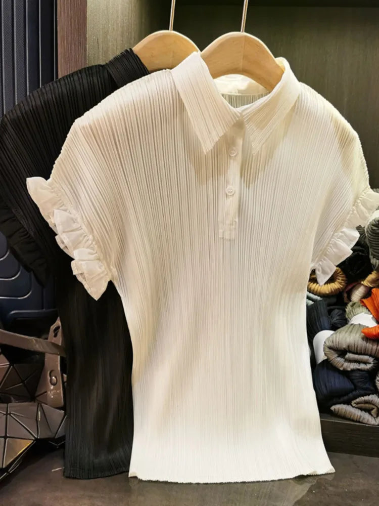 GVUW Fashion Solid Color Folds T Shirt Women's Turn Down Short Sleeve Slim Fit Top 2026 Summer New Tide 17S1582