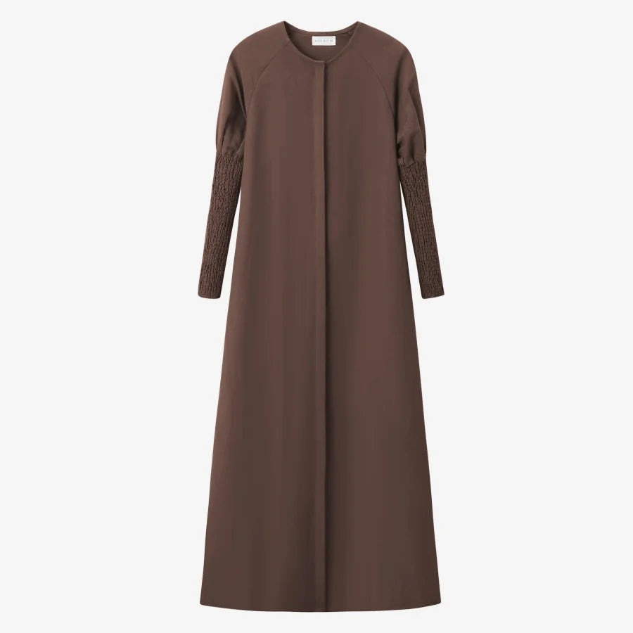 AS AW25 linen smocking sleeve dress high quality linen lady clothes hidden button down design