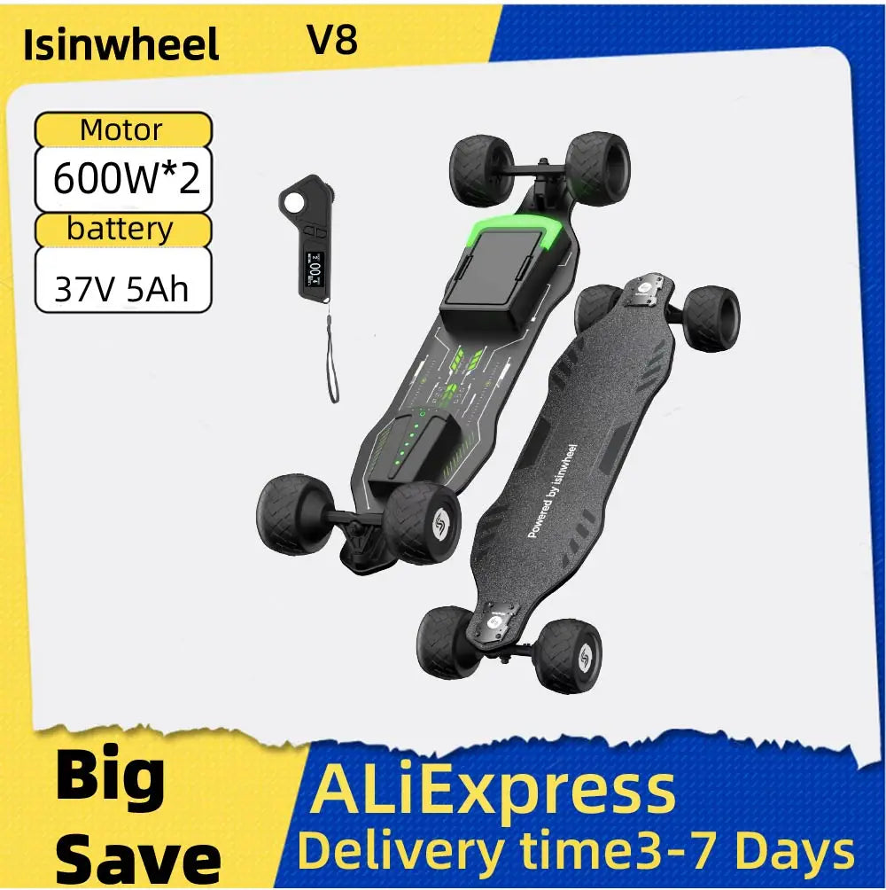Isinwheel V8 Adult Electric Scooter 37V 5Ah Battery 600W*2 Dual Motor f-road wheels E-skateboard E-scooter