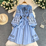 Retro Embroidered Belted round Neck Dress Women's Loose A-Line Midi Skirt Spring Summer Fashion City Commute Casual Dress