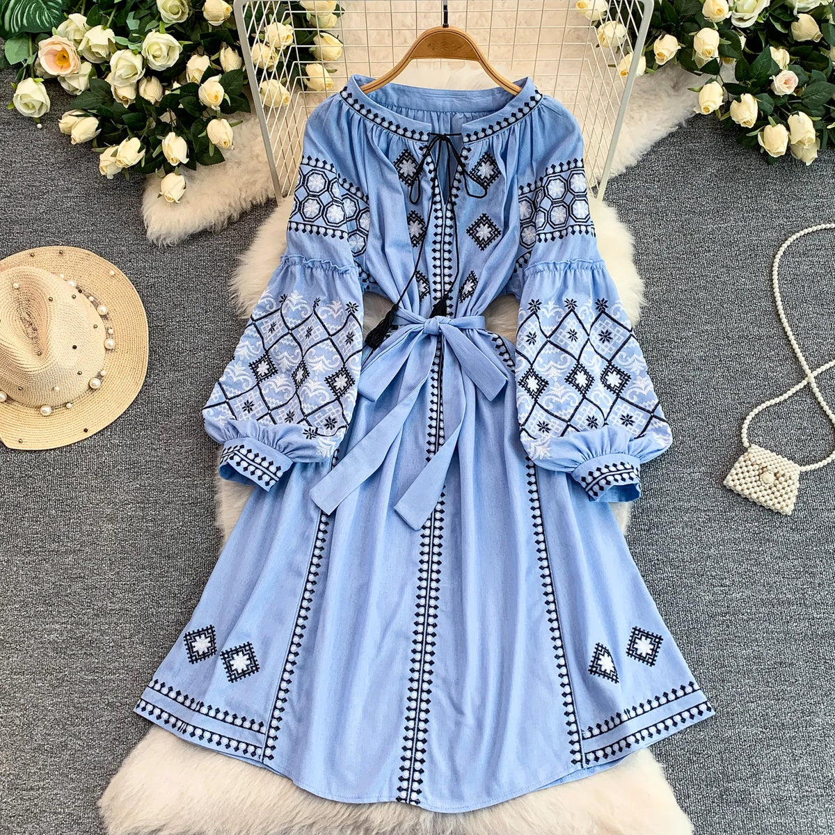 Retro Embroidered Belted round Neck Dress Women's Loose A-Line Midi Skirt Spring Summer Fashion City Commute Casual Dress