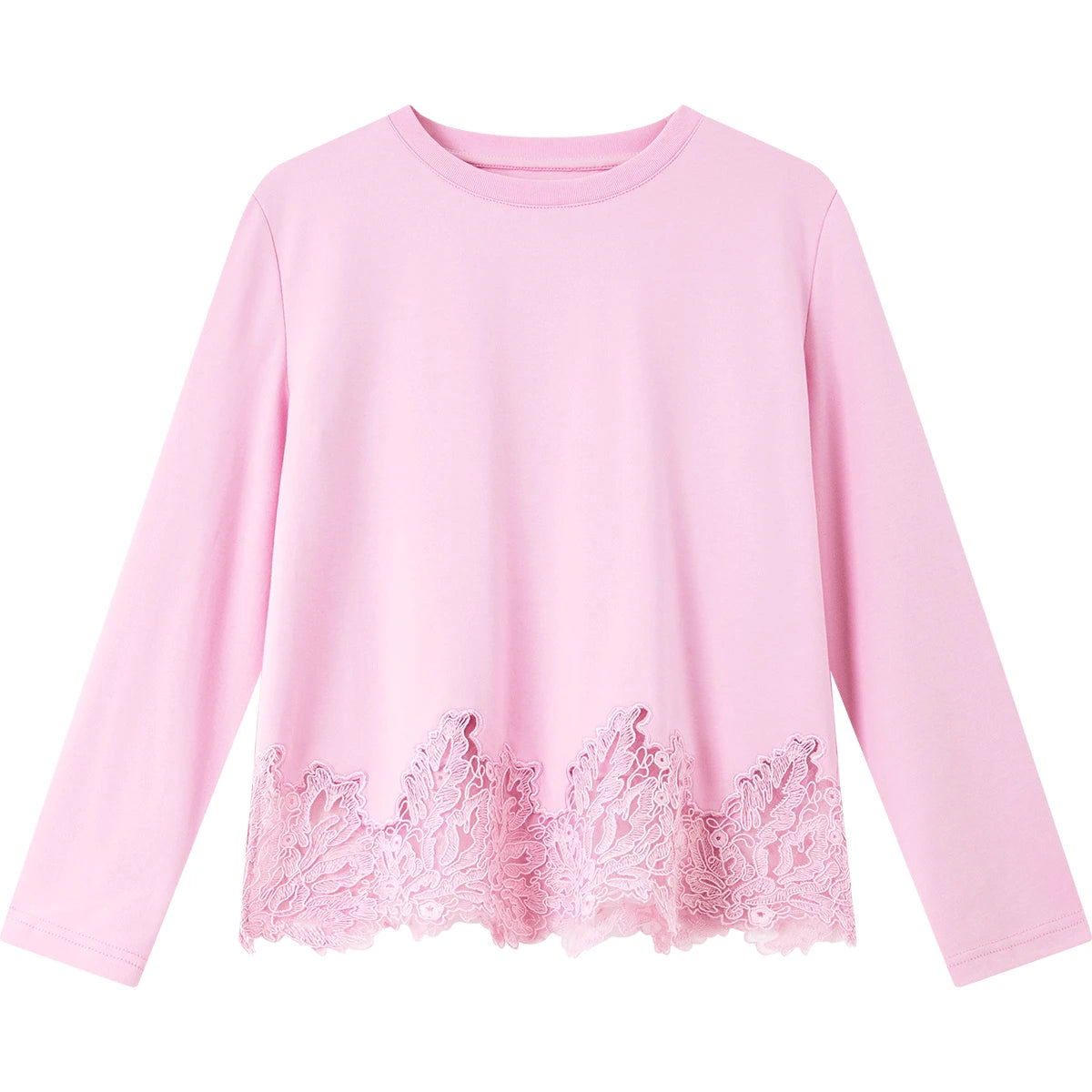 VIMLY Women‘s Casual T Shirts 2026 Spring New Fashion Round Neck Contrast Lace Trim Versatile Loose Fit Long Sleeve Top A3980