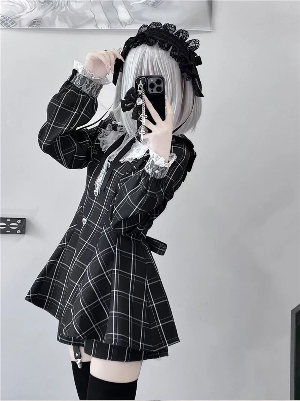 Womens Lolita Kawaii Sweet Lace Patchwork Plaid Dress Fairy Grunge Ruffled Long Sleeve Dresses Y2k Aesthetic Lolita Vestidos