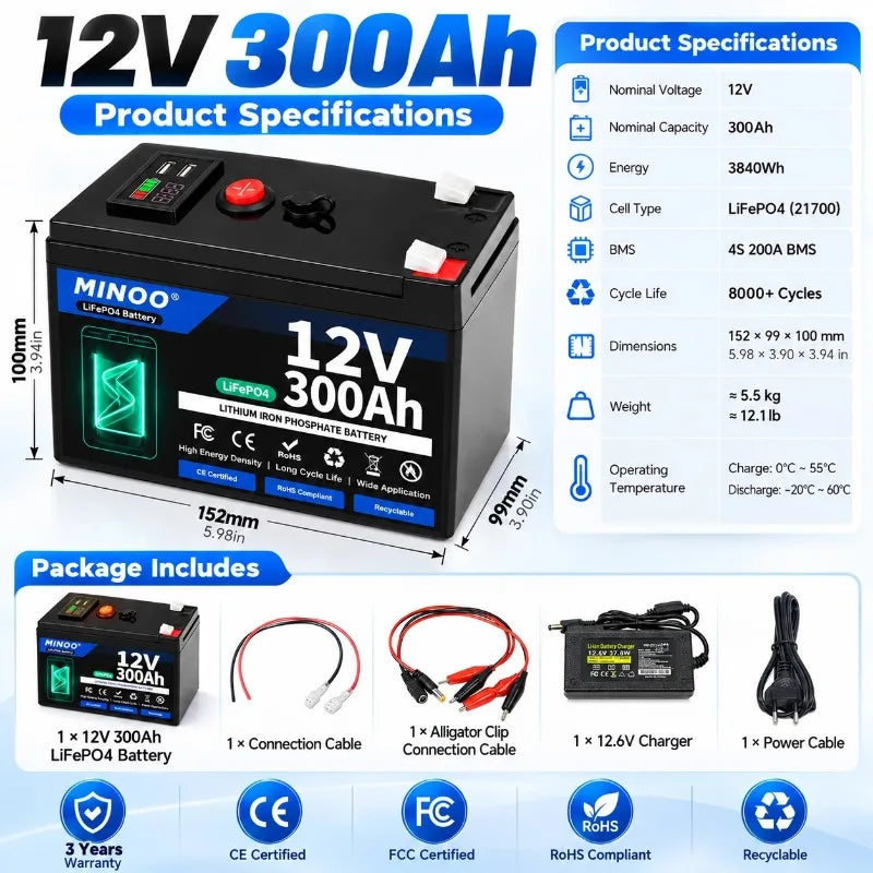 LIFEPO4 12V 21700 300AH Battery Is Integrated with BMS 200A for RV Solar External Rechargeable Network Lithium Iron Phosphate