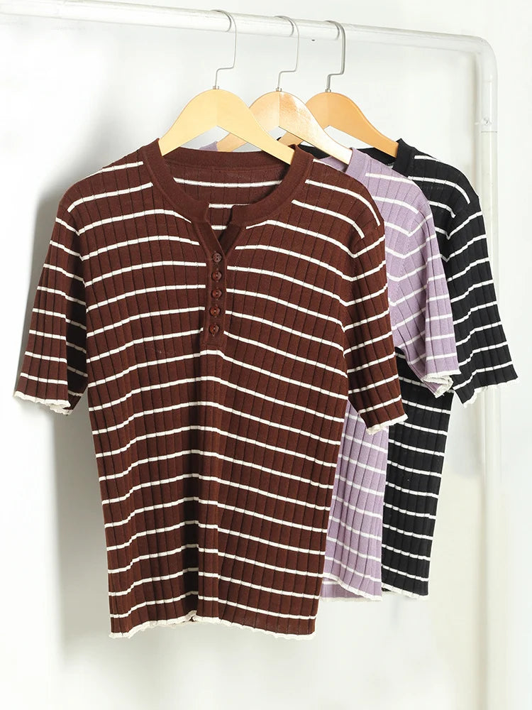 SuyaDream, Women Strips T Shirt, Round Neck, Short Sleeves Chic Shirt, 70%Silk 30%Cotton, 2025 Spring Summer Cozy Top