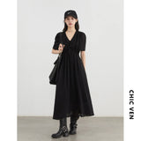CHIC VEN Korean Women Dresses Solid Loose Casual New V-neck A Line Short Bubble Sleeves Female Long Dress Spring Summer 2025
