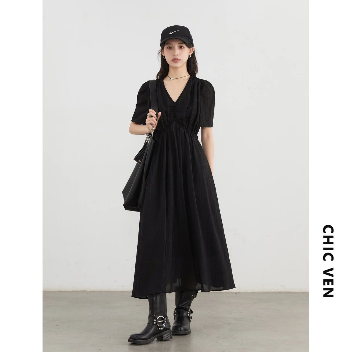 CHIC VEN Korean Women Dresses Solid Loose Casual New V-neck A Line Short Bubble Sleeves Female Long Dress Spring Summer 2025