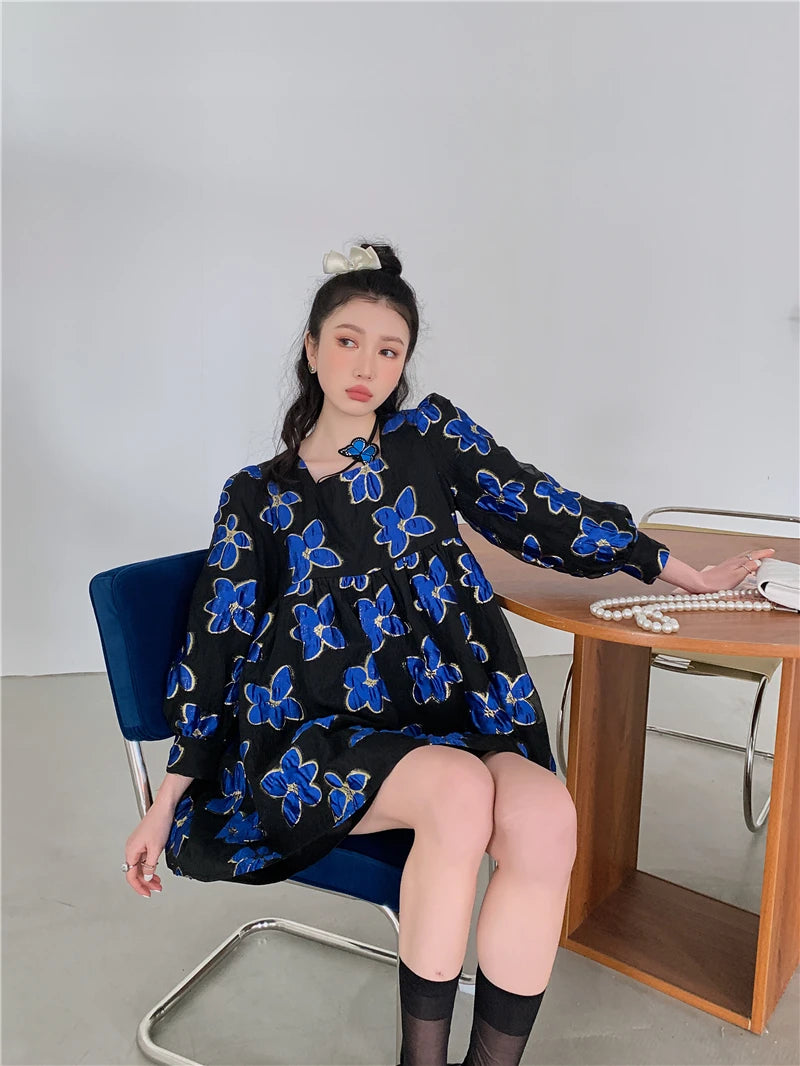 CHEERART Organza Jacquard Royal Blue Puff Sleeve Floral Fairy Dress For Women Long Sleeve Square Neck Tulle Dress Autumn Clothes
