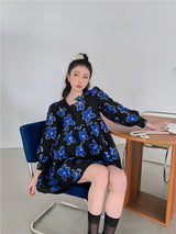 CHEERART Organza Jacquard Royal Blue Puff Sleeve Floral Fairy Dress For Women Long Sleeve Square Neck Tulle Dress Autumn Clothes