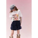 ELFSACK Cute Bear Print T-Shirt for Women, Oversized Graphic Tee for Summer, Casual Top with Polka Dot Lace Long Sleeve