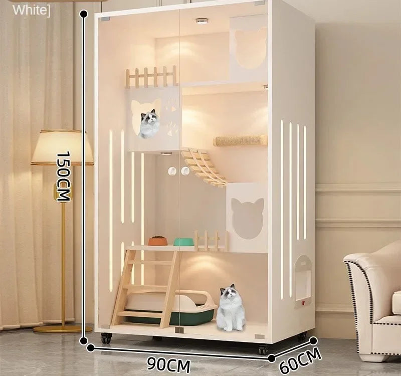 Premium Cream Style Pet Shop Cat Cage Density Board Cat House Double Layer Large Space Glass Door Light