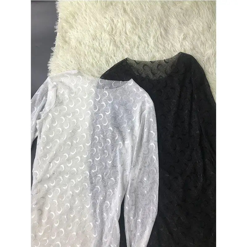 Solid Color Hollow Out Top Women Long Sleeve Mesh T-Shirt Summer Sexy Slim Fit Streetwear Classic
