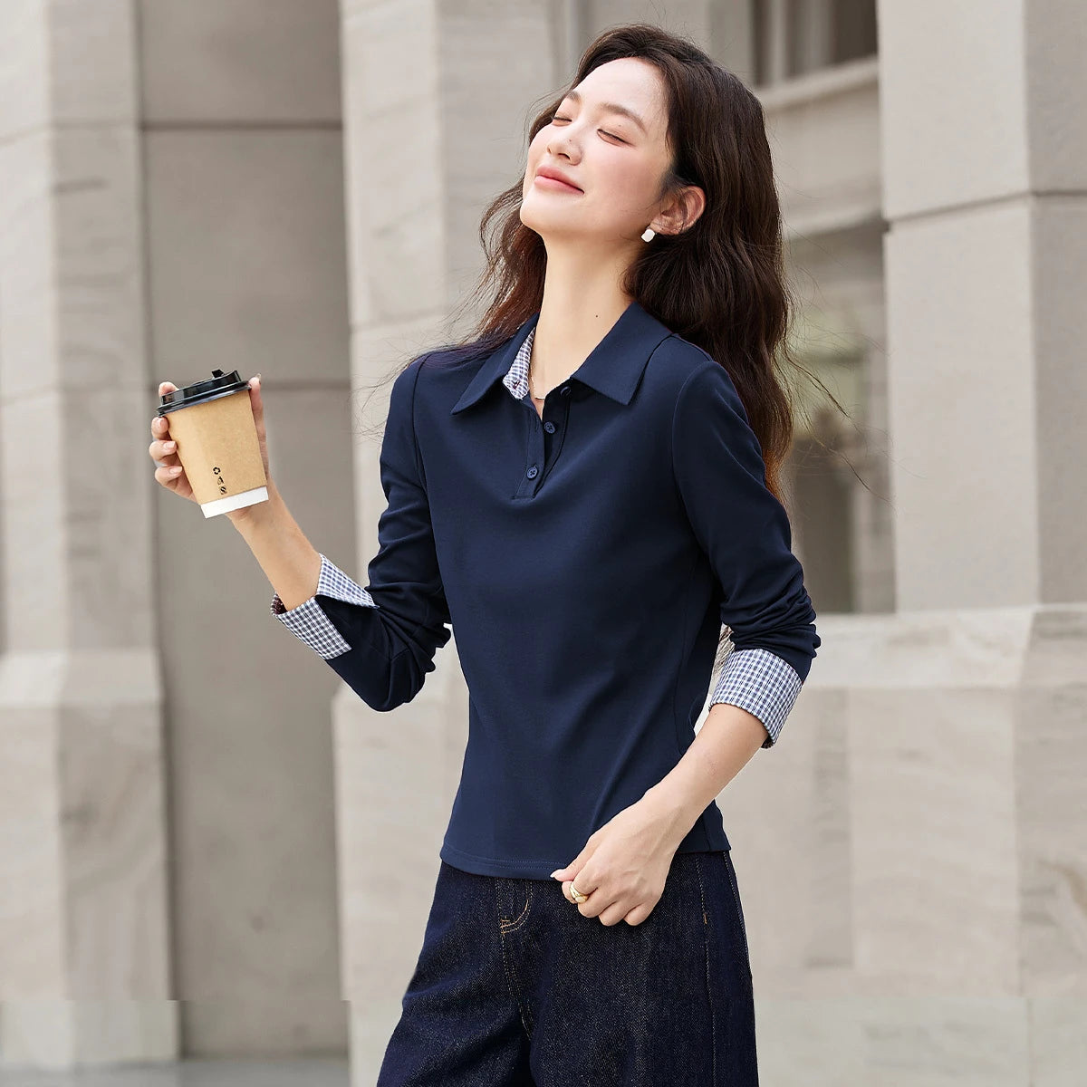 VIMLY Long Sleeve Knitted T-shirt Autumn 2026 Woman Casual New Turn-down Neck Gingham Cuff Strecth Female Tees Ladies Tops A2105