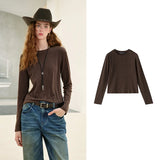 TOYOUTH Women's Slub Cotton T Shirt 2026 Fall New Arrival Mousse Soft Crew Neck Multi Color Versatile Casual Layering Top