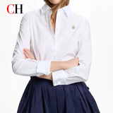 CH Women Elegant White Lapel Shirt Gold CH Logo Long Sleeve Blouse Formal Office Lady Workwear Slim Fit Basic Shirts