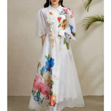 Chic vintage Sexy print mesh lace-up button Fairy Summer Women Boho Sundress women clothing Long dress